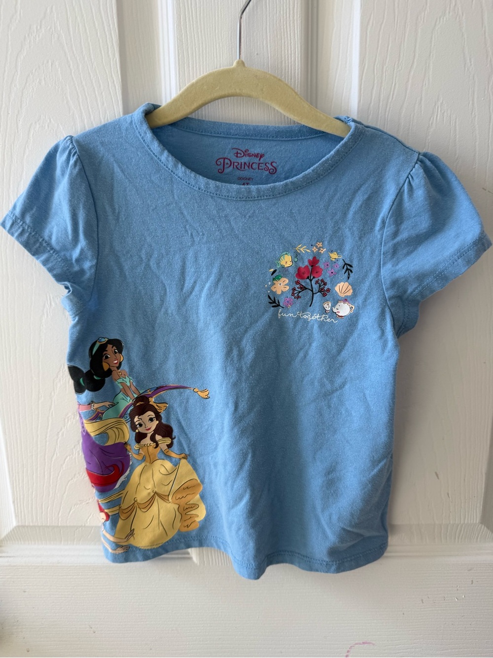 Disney Princess 4T Blue Graphic Tee Jasmine Belle Rapunzel Ariel
